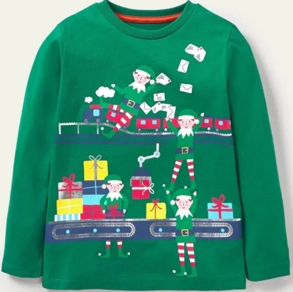NWT Mini Boden Green Elf Train Long Sleeve Tee